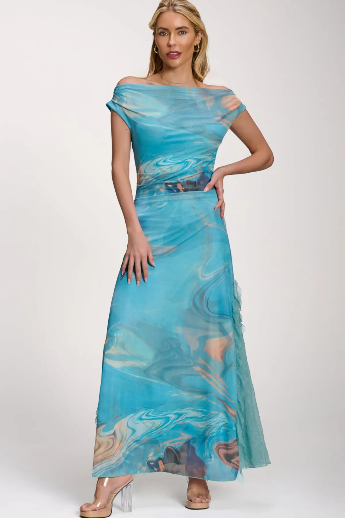 Jolie Moi Occasion Dresses|Mesh Dresses-Lace Insert Ruched Mesh Maxi Dress, Blue Abstract