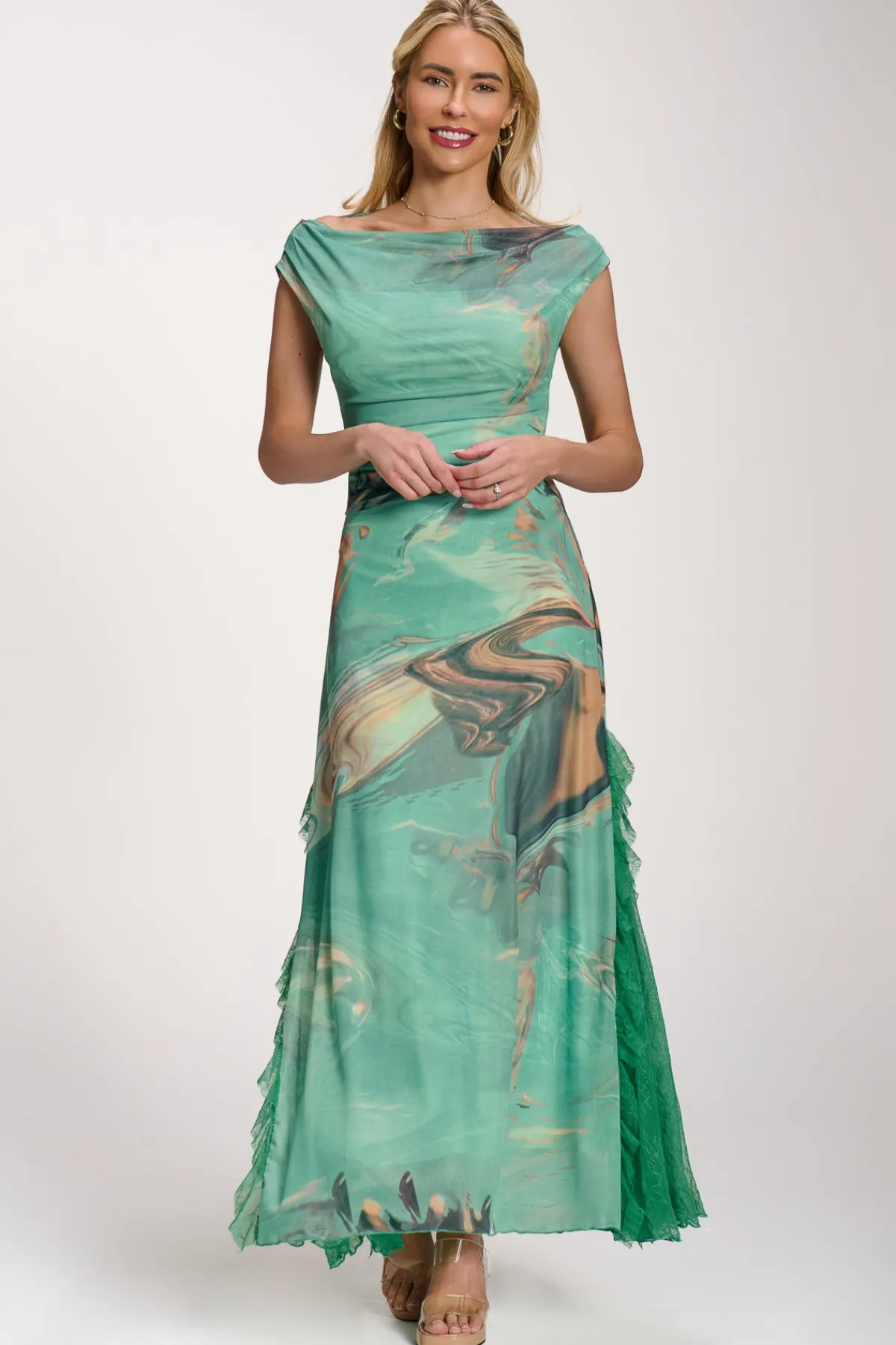 Jolie Moi Occasion Dresses|Mesh Dresses-Lace Insert Ruched Mesh Maxi Dress, Green Abstract
