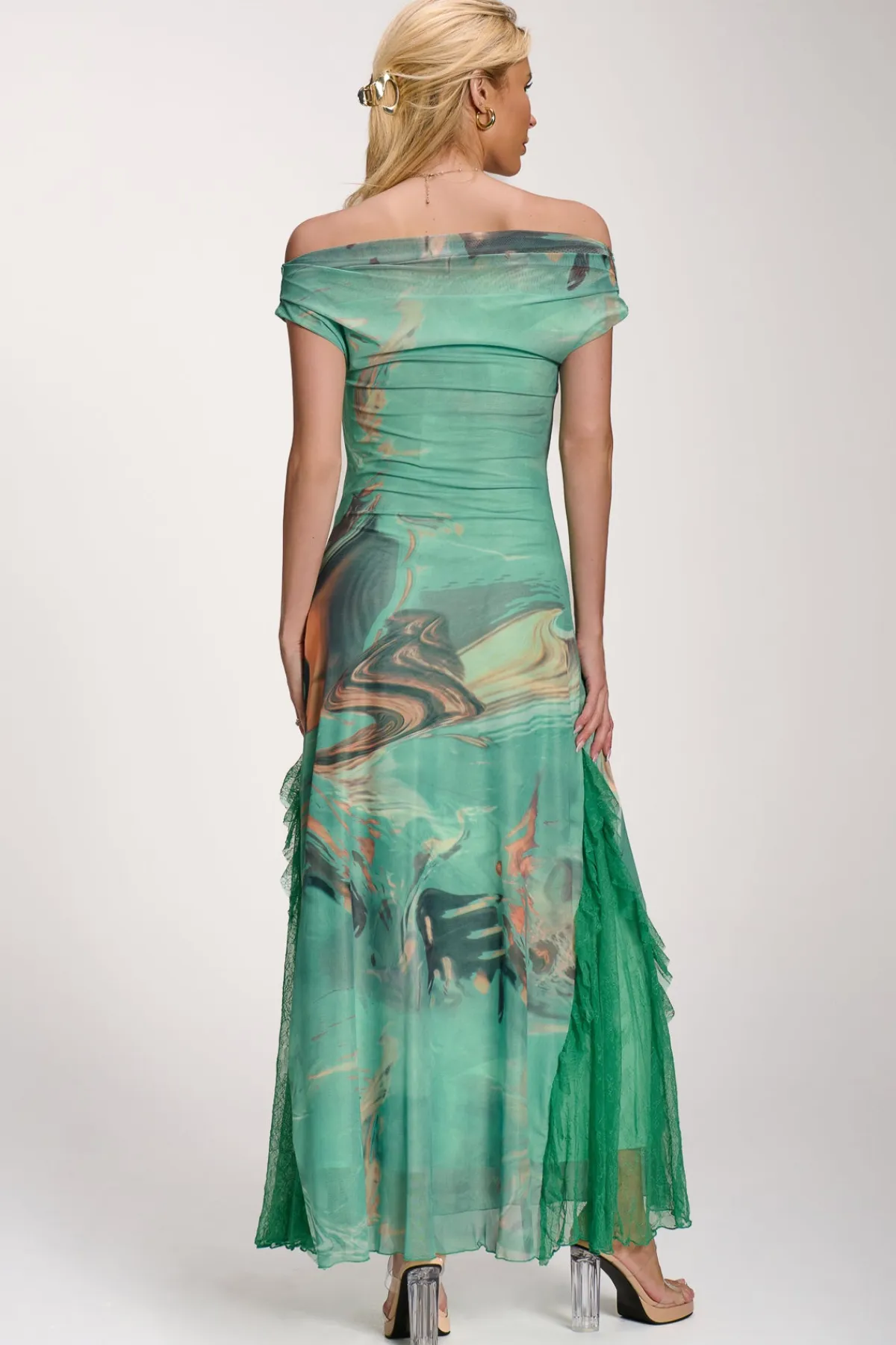 Jolie Moi Occasion Dresses|Mesh Dresses-Lace Insert Ruched Mesh Maxi Dress, Green Abstract