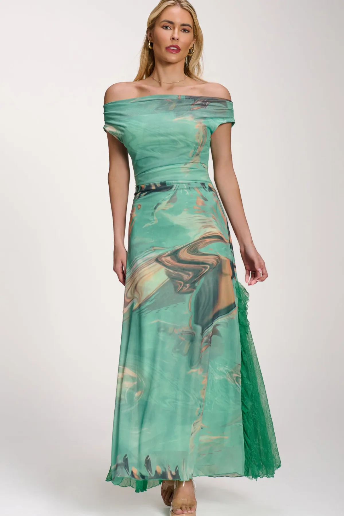 Jolie Moi Occasion Dresses|Mesh Dresses-Lace Insert Ruched Mesh Maxi Dress, Green Abstract