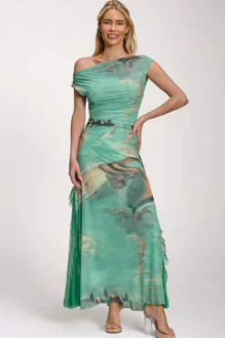 Jolie Moi Occasion Dresses|Mesh Dresses-Lace Insert Ruched Mesh Maxi Dress, Green Abstract