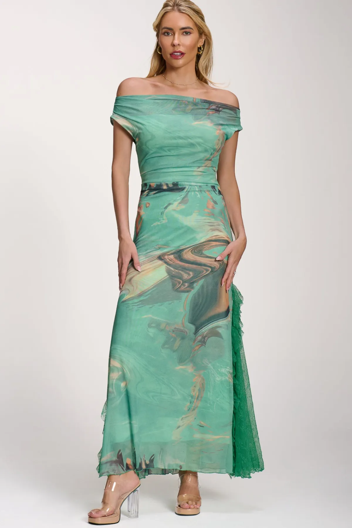 Jolie Moi Occasion Dresses|Mesh Dresses-Lace Insert Ruched Mesh Maxi Dress, Green Abstract