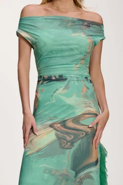 Jolie Moi Occasion Dresses|Mesh Dresses-Lace Insert Ruched Mesh Maxi Dress, Green Abstract