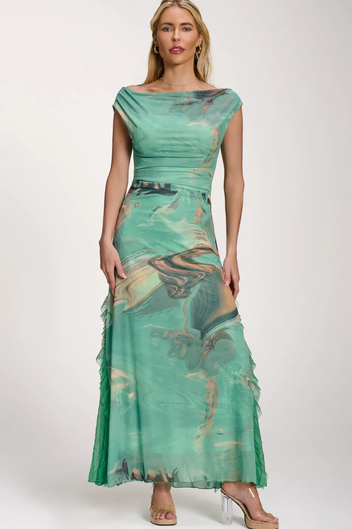Jolie Moi Occasion Dresses|Mesh Dresses-Lace Insert Ruched Mesh Maxi Dress, Green Abstract