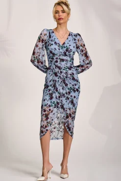 Jolie Moi Occasion Dresses|Floral Dresses-Lace Long Sleeve Ruched Bodycon Dress, Blue Floral
