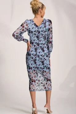 Jolie Moi Occasion Dresses|Floral Dresses-Lace Long Sleeve Ruched Bodycon Dress, Blue Floral