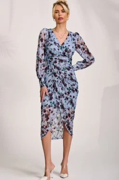 Jolie Moi Occasion Dresses|Floral Dresses-Lace Long Sleeve Ruched Bodycon Dress, Blue Floral