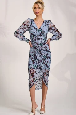 Jolie Moi Occasion Dresses|Floral Dresses-Lace Long Sleeve Ruched Bodycon Dress, Blue Floral