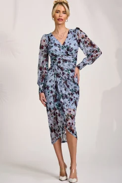 Jolie Moi Occasion Dresses|Floral Dresses-Lace Long Sleeve Ruched Bodycon Dress, Blue Floral