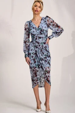 Jolie Moi Occasion Dresses|Floral Dresses-Lace Long Sleeve Ruched Bodycon Dress, Blue Floral