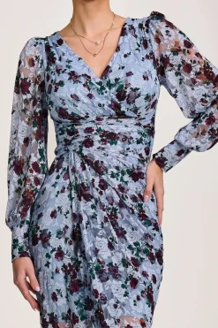 Jolie Moi Occasion Dresses|Floral Dresses-Lace Long Sleeve Ruched Bodycon Dress, Blue Floral