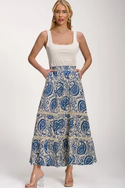 Jolie Moi Skirts|Signature Lace-Lace Trim Tiered Maxi Skirt, Blue Paisley
