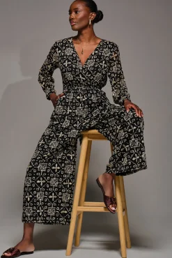 Jolie Moi Occasion Dresses|Party Dresses-Lace Wrap Tie Waist Long Sleeve Jumpsuit, Black Pattern