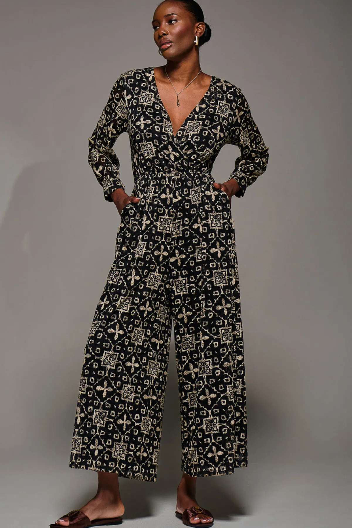 Jolie Moi Occasion Dresses|Party Dresses-Lace Wrap Tie Waist Long Sleeve Jumpsuit, Black Pattern