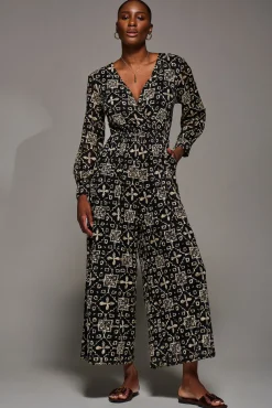 Jolie Moi Occasion Dresses|Party Dresses-Lace Wrap Tie Waist Long Sleeve Jumpsuit, Black Pattern
