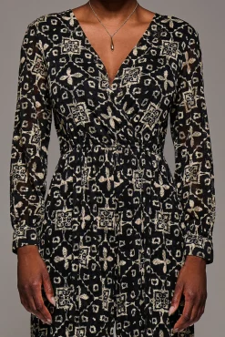 Jolie Moi Occasion Dresses|Party Dresses-Lace Wrap Tie Waist Long Sleeve Jumpsuit, Black Pattern