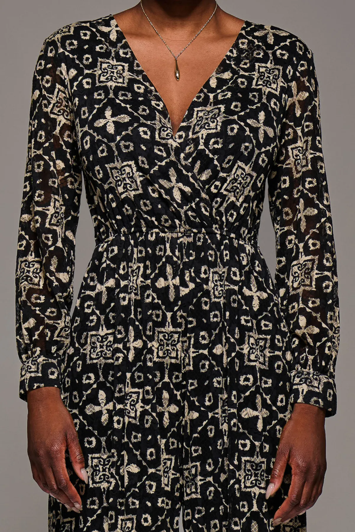 Jolie Moi Occasion Dresses|Party Dresses-Lace Wrap Tie Waist Long Sleeve Jumpsuit, Black Pattern