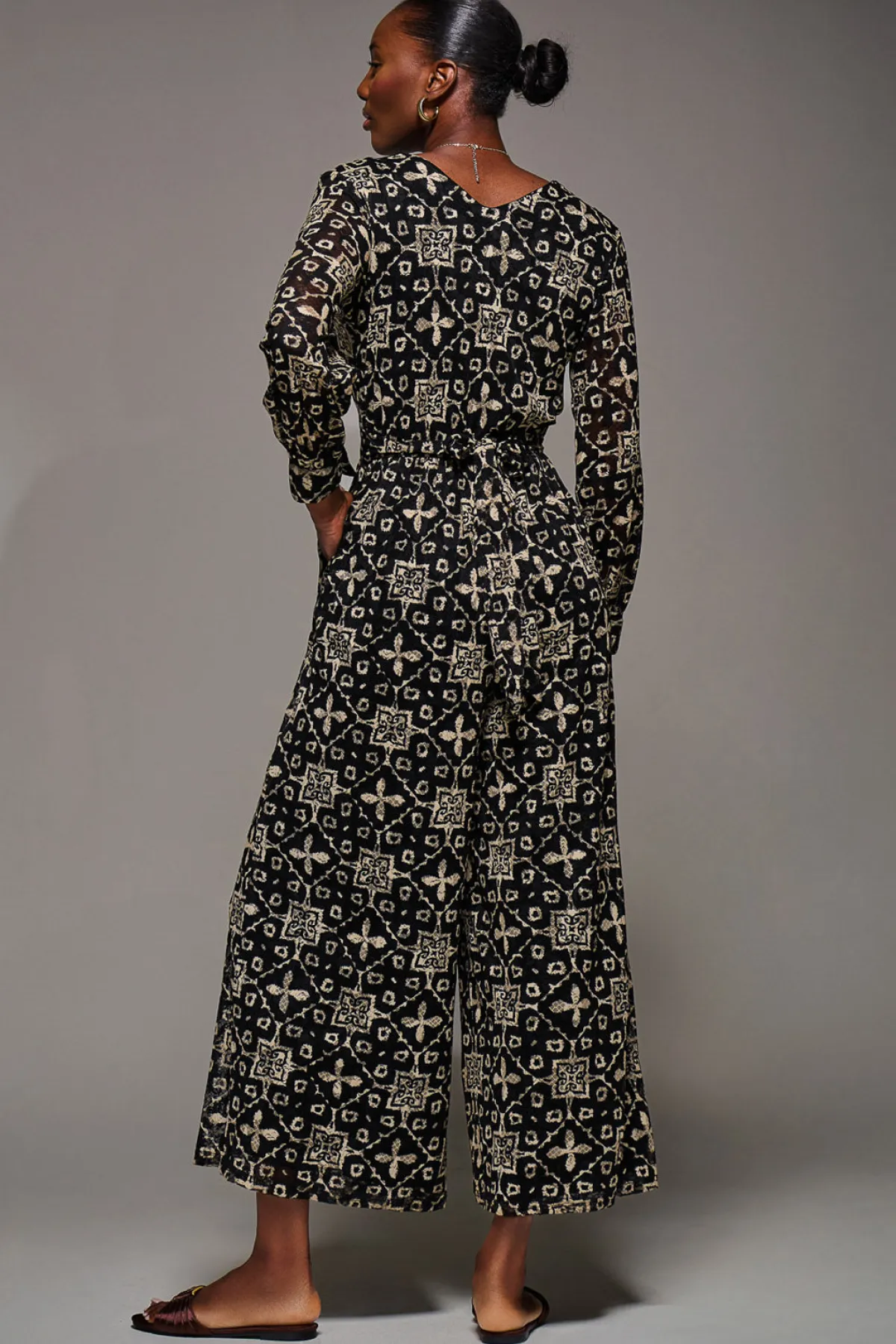 Jolie Moi Occasion Dresses|Party Dresses-Lace Wrap Tie Waist Long Sleeve Jumpsuit, Black Pattern