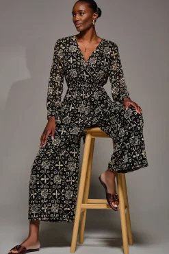 Jolie Moi Occasion Dresses|Party Dresses-Lace Wrap Tie Waist Long Sleeve Jumpsuit, Black Pattern