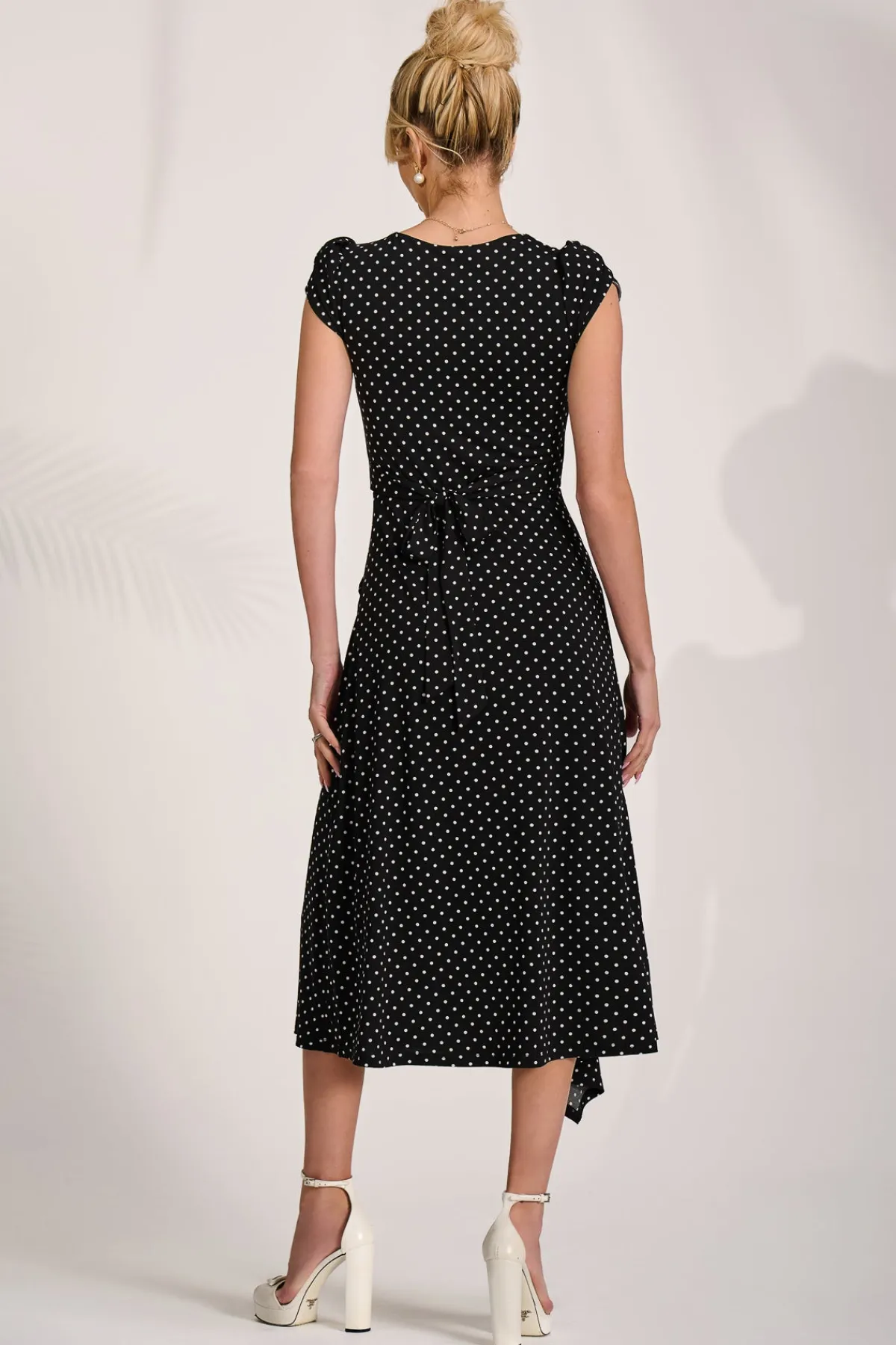 Jolie Moi Occasion Dresses|Jersey Dresses-Lap Over Short Sleeve Jersey Dress, Black Spot