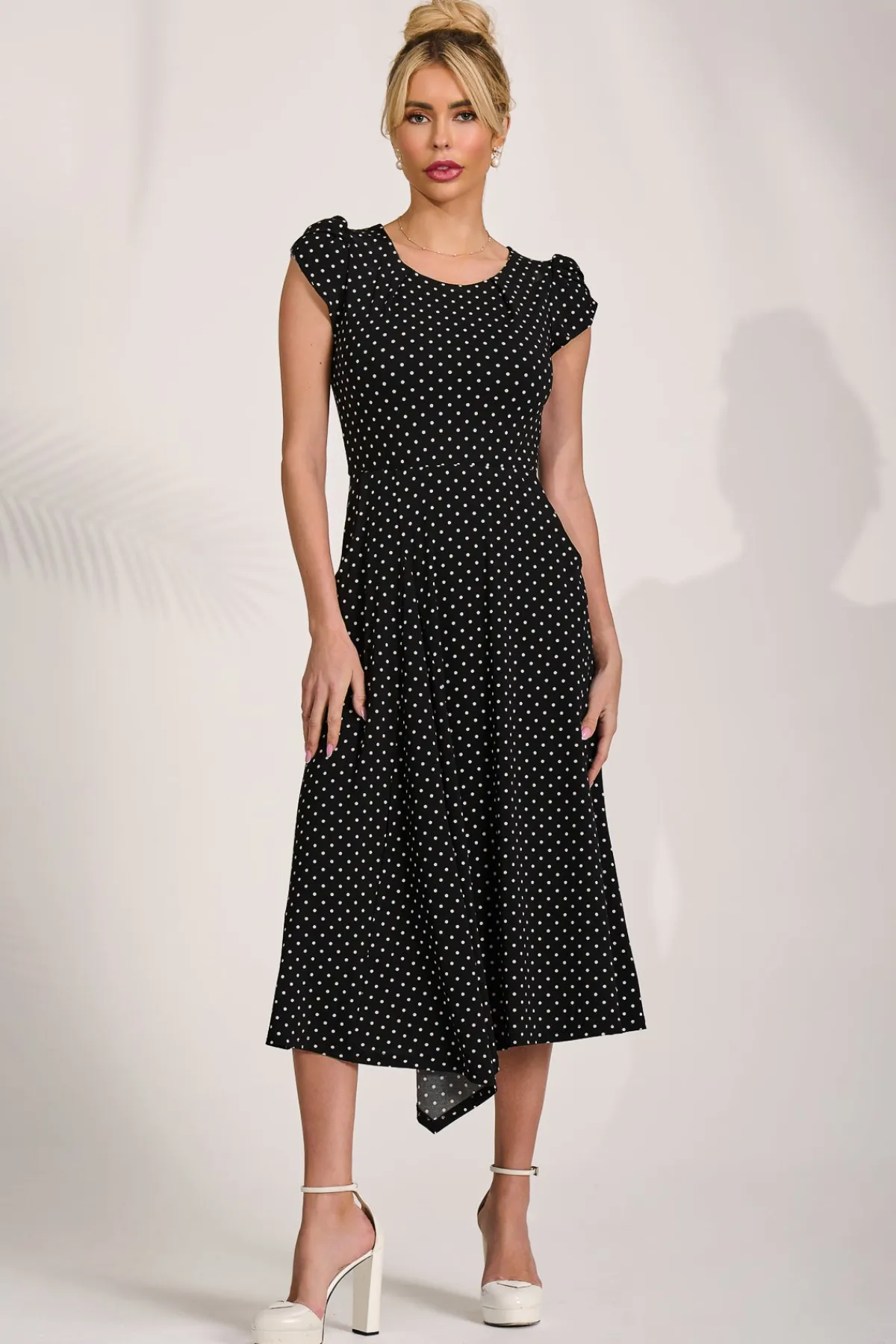 Jolie Moi Occasion Dresses|Jersey Dresses-Lap Over Short Sleeve Jersey Dress, Black Spot
