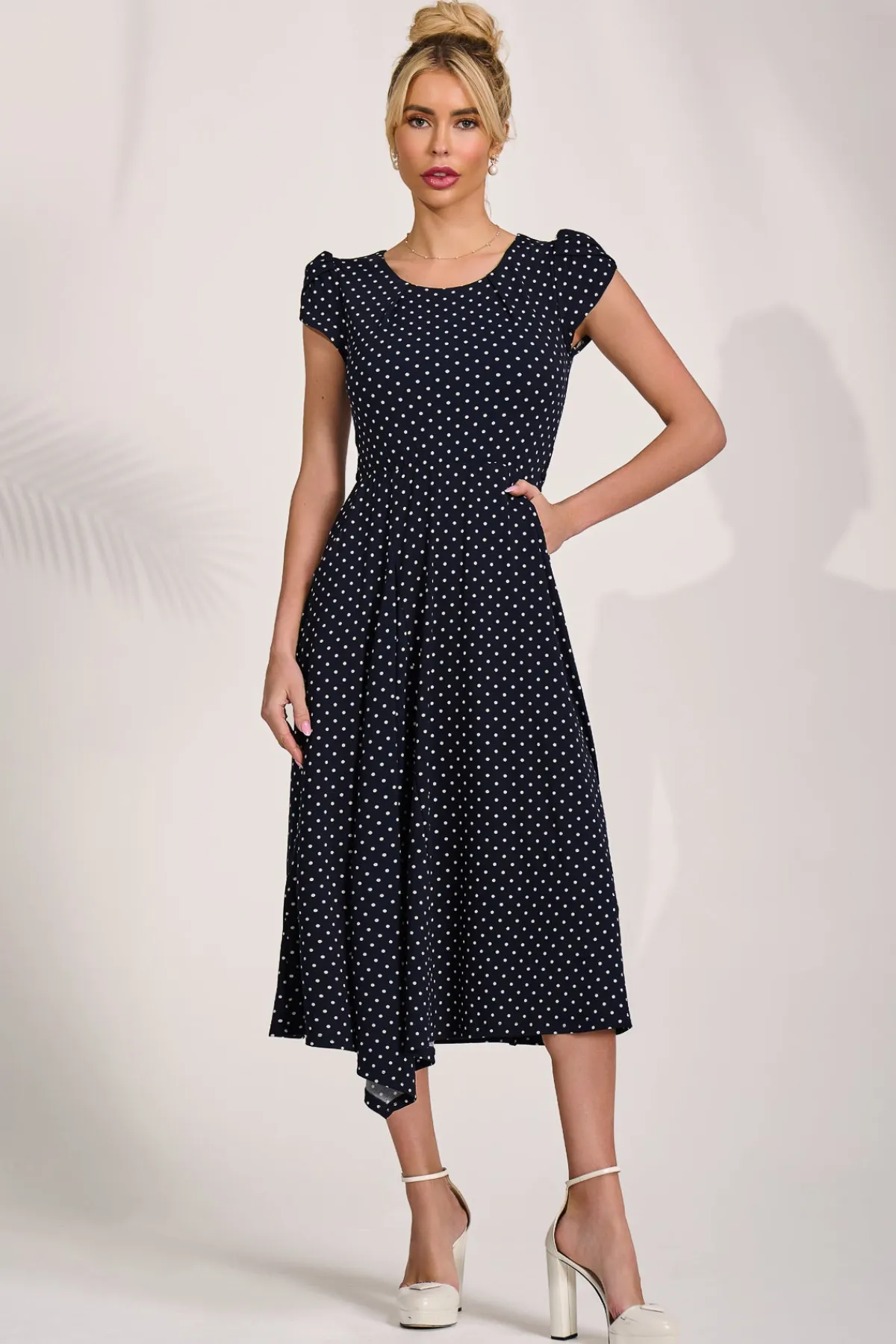 Jolie Moi Occasion Dresses|Jersey Dresses-Lap Over Short Sleeve Jersey Dress, Navy Spot