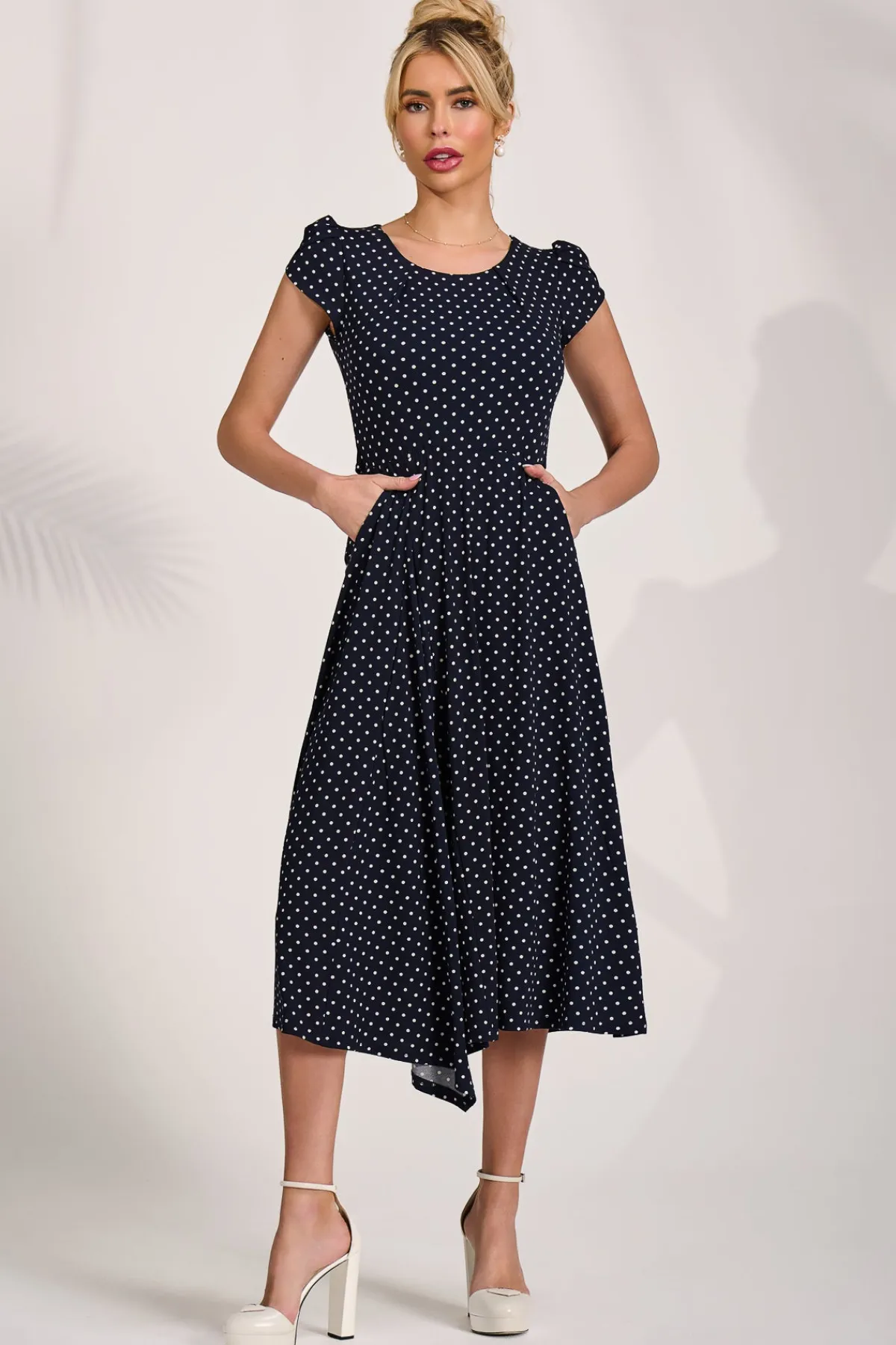 Jolie Moi Occasion Dresses|Jersey Dresses-Lap Over Short Sleeve Jersey Dress, Navy Spot