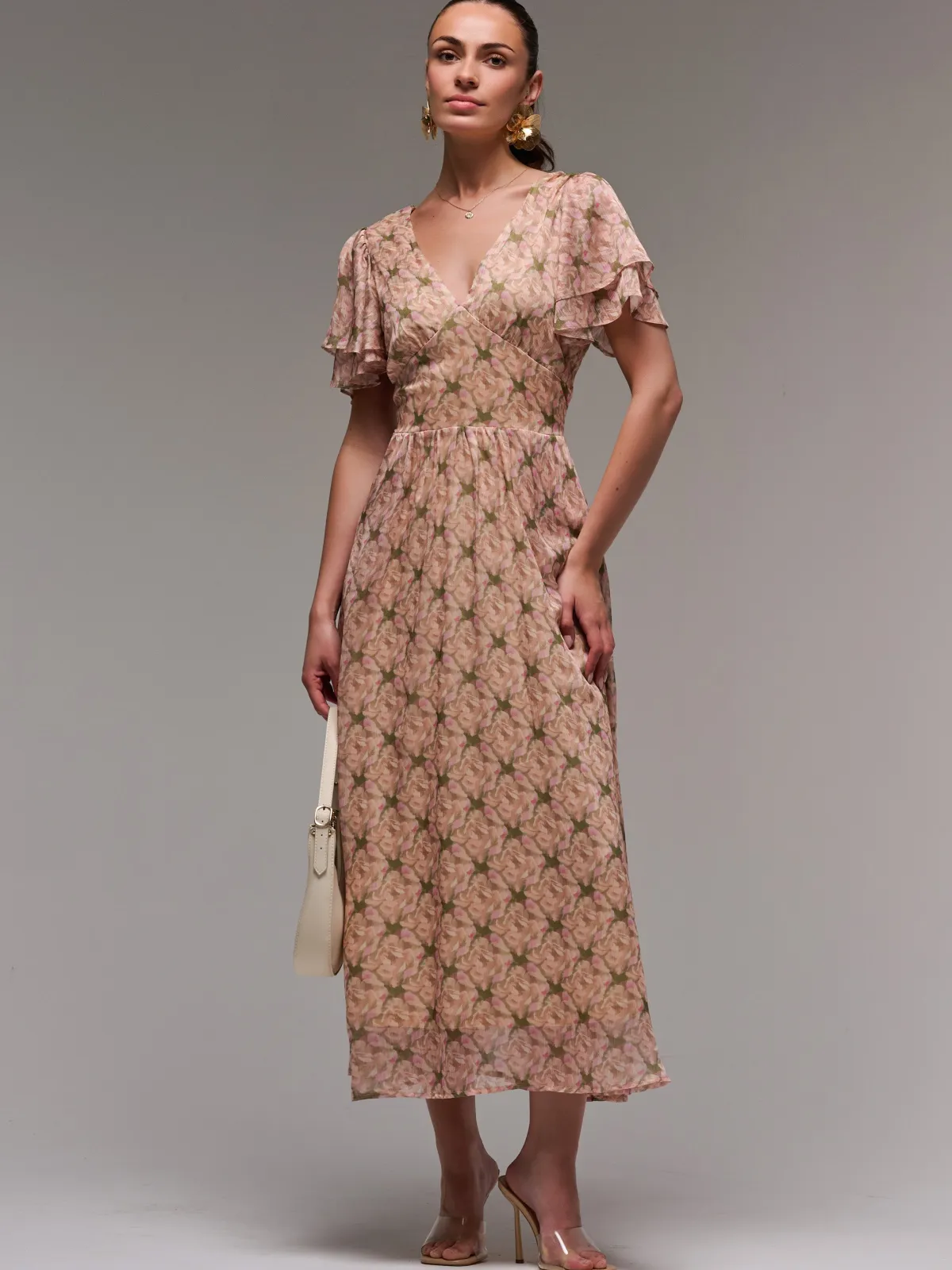 Jolie Moi Occasion Dresses|Floral Dresses-Layered Angel Sleeved Chiffon Maxi Dress, Green Floral