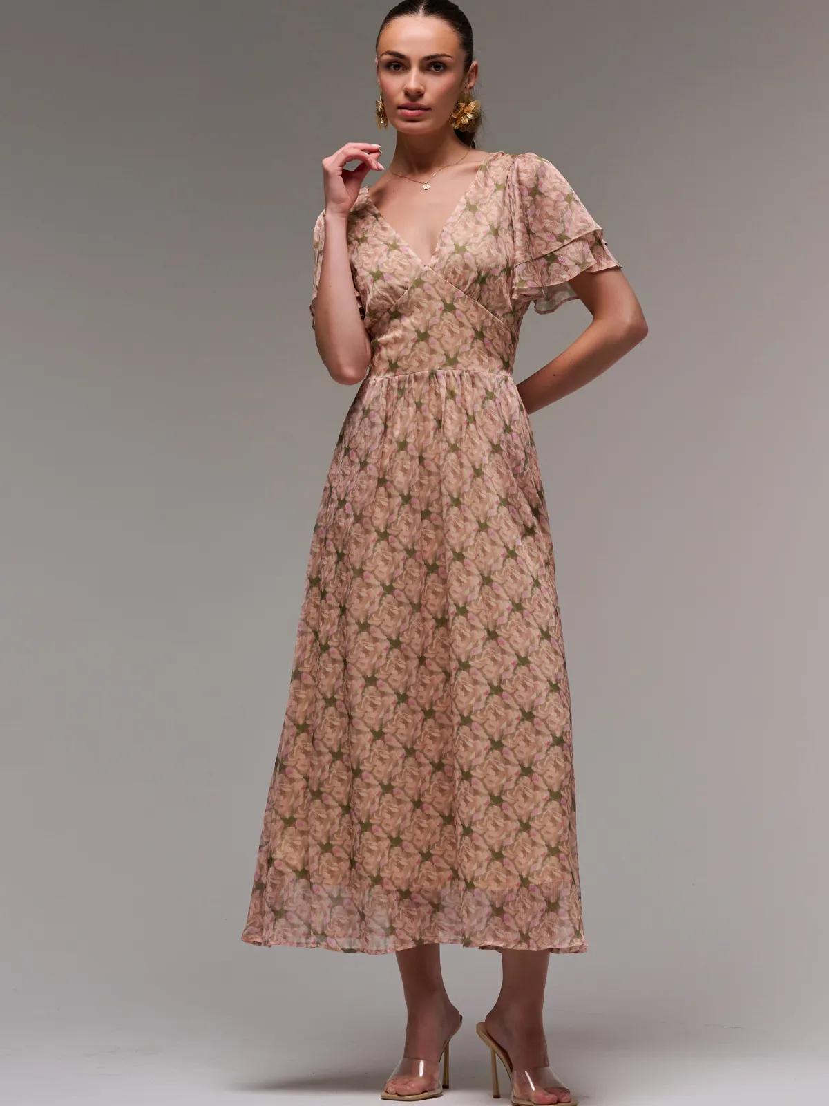 Jolie Moi Occasion Dresses|Floral Dresses-Layered Angel Sleeved Chiffon Maxi Dress, Green Floral