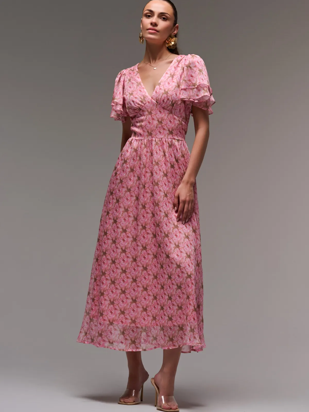 Jolie Moi Occasion Dresses|Floral Dresses-Layered Angel Sleeved Chiffon Maxi Dress, Pink Floral