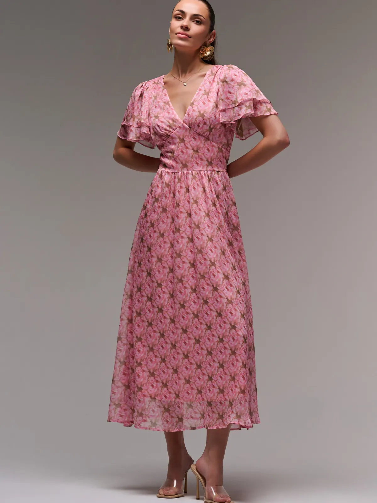 Jolie Moi Occasion Dresses|Floral Dresses-Layered Angel Sleeved Chiffon Maxi Dress, Pink Floral