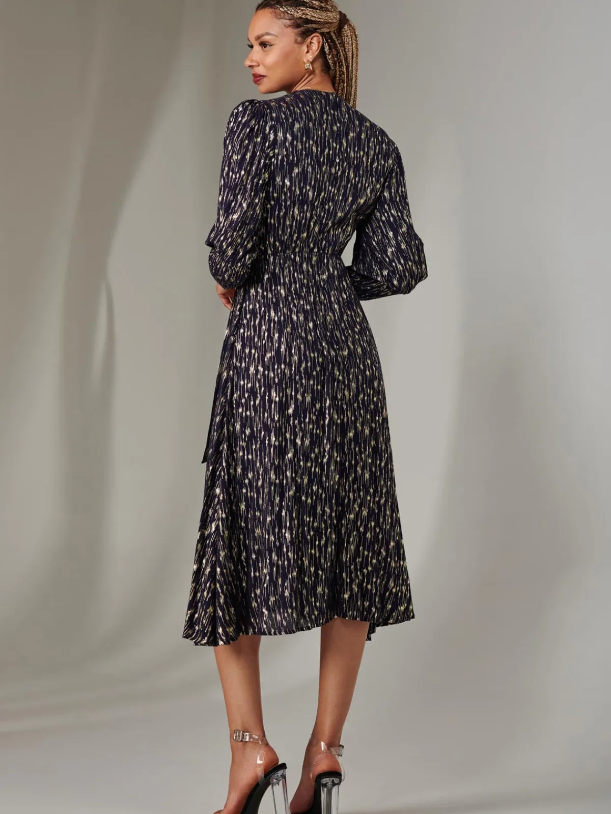 Jolie Moi Occasion Dresses|Party Dresses-Layla Long Sleeve Metallic Wrap Dress, Navy/Gold