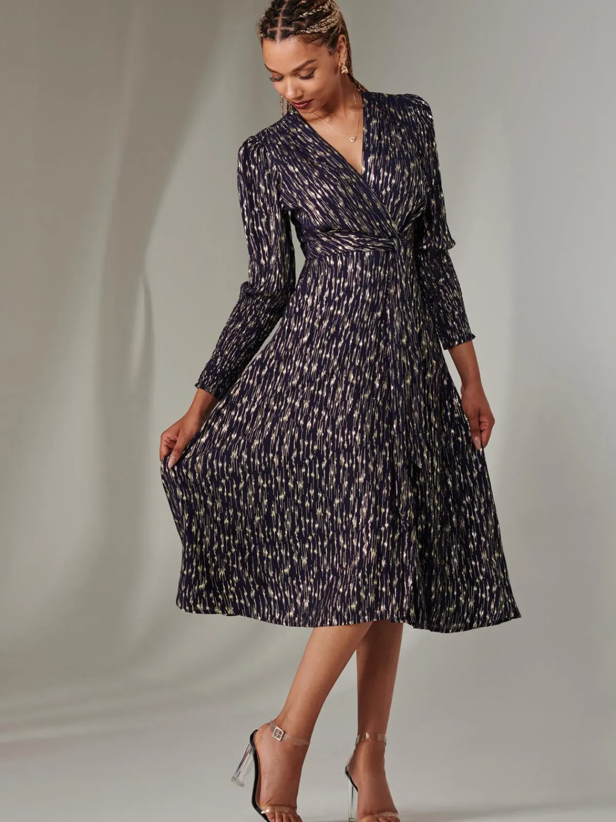Jolie Moi Occasion Dresses|Party Dresses-Layla Long Sleeve Metallic Wrap Dress, Navy/Gold