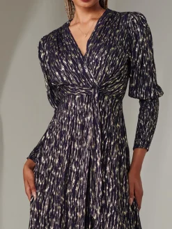 Jolie Moi Occasion Dresses|Party Dresses-Layla Long Sleeve Metallic Wrap Dress, Navy/Gold