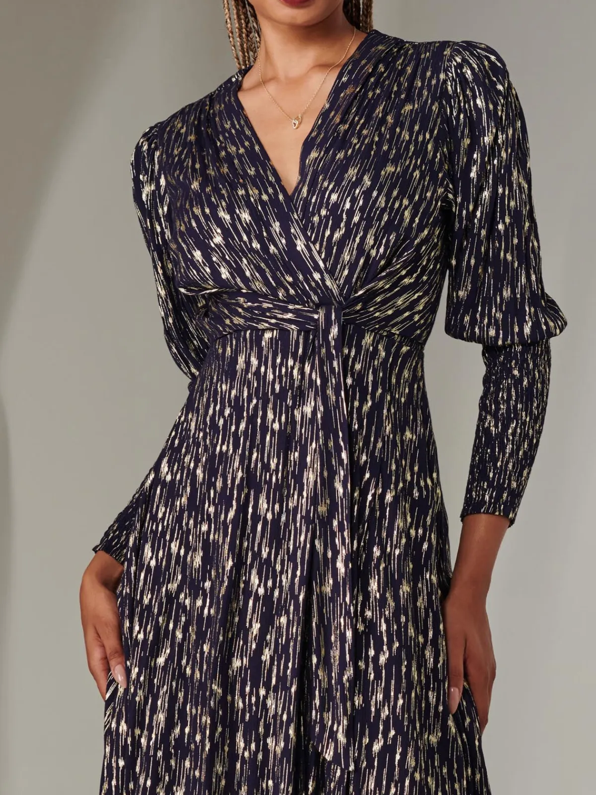 Jolie Moi Occasion Dresses|Party Dresses-Layla Long Sleeve Metallic Wrap Dress, Navy/Gold