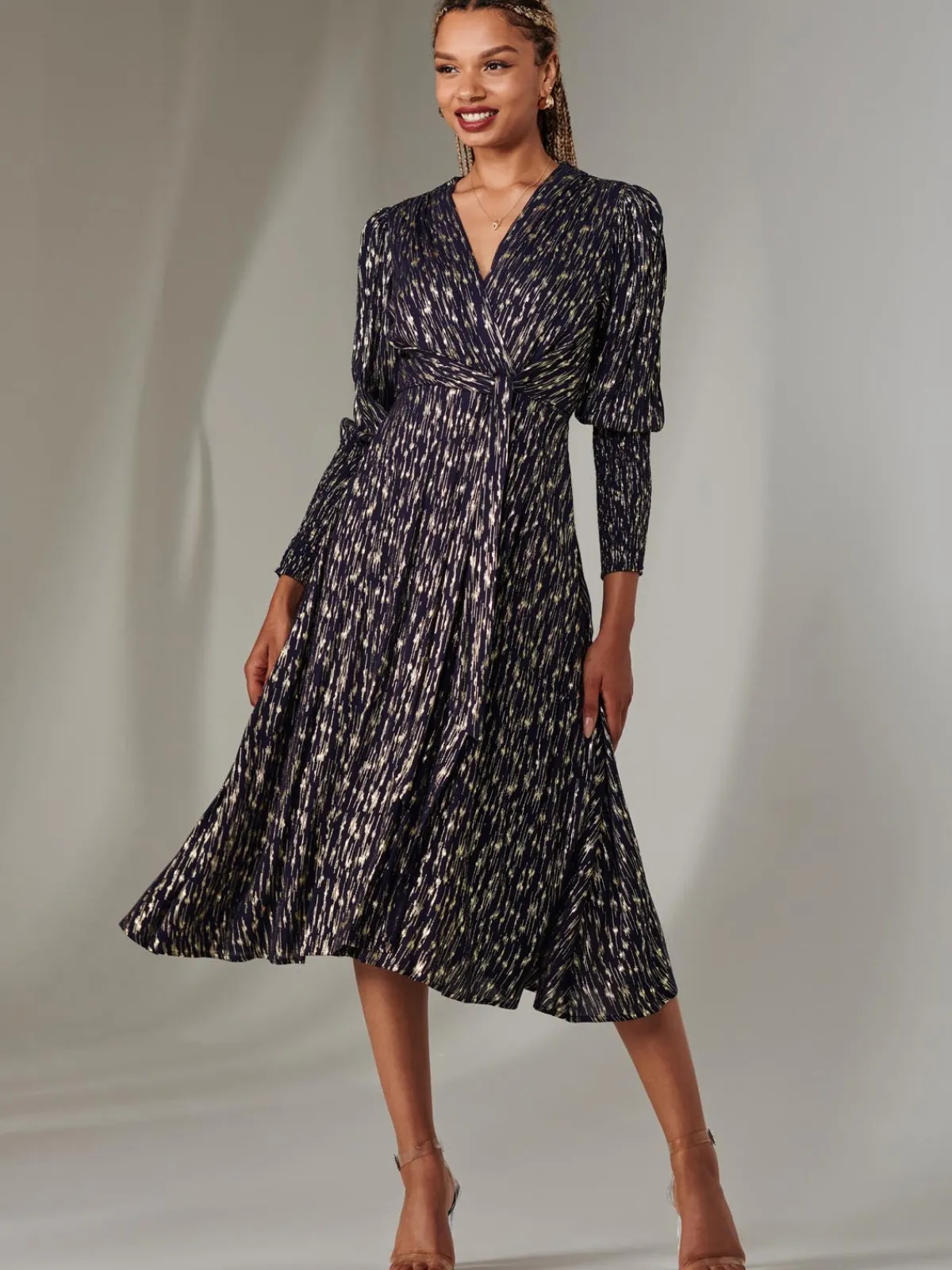 Jolie Moi Occasion Dresses|Party Dresses-Layla Long Sleeve Metallic Wrap Dress, Navy/Gold