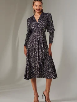 Jolie Moi Occasion Dresses|Party Dresses-Layla Long Sleeve Metallic Wrap Dress, Navy/Gold