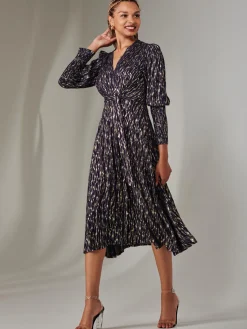 Jolie Moi Occasion Dresses|Party Dresses-Layla Long Sleeve Metallic Wrap Dress, Navy/Gold