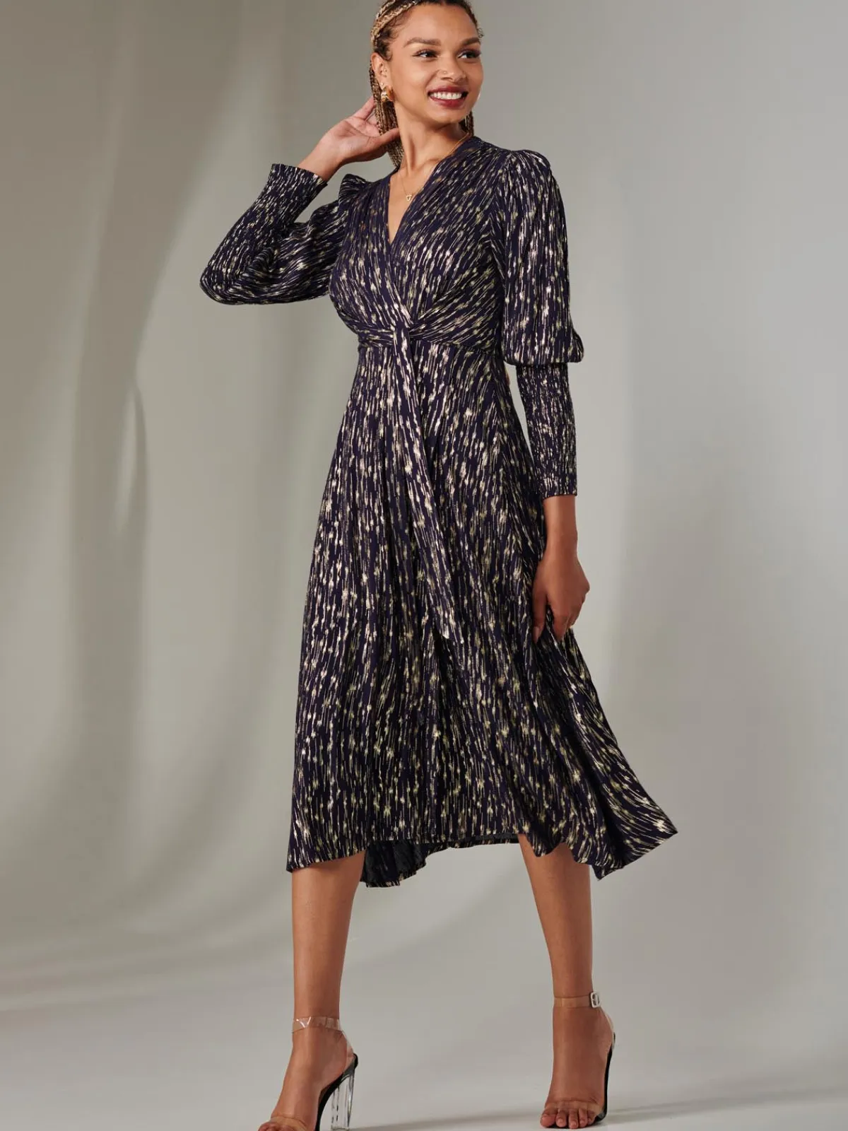 Jolie Moi Occasion Dresses|Party Dresses-Layla Long Sleeve Metallic Wrap Dress, Navy/Gold
