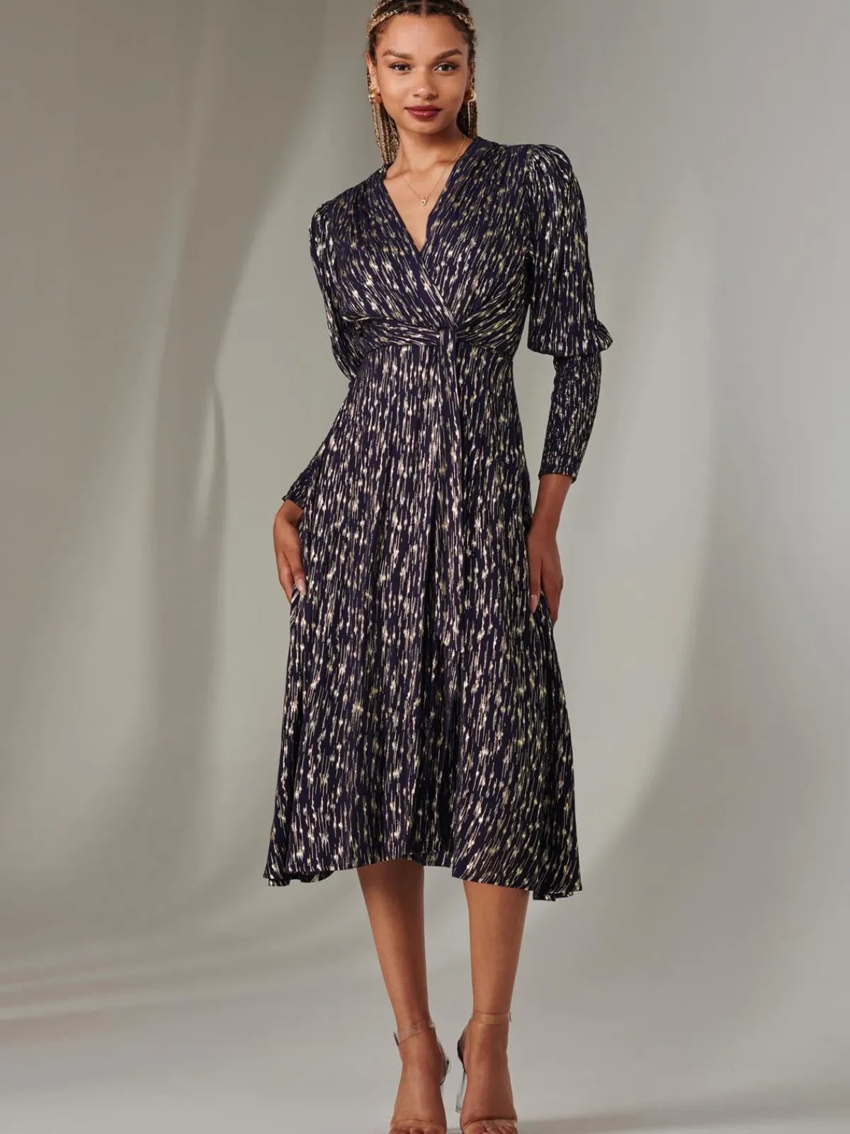 Jolie Moi Occasion Dresses|Party Dresses-Layla Long Sleeve Metallic Wrap Dress, Navy/Gold