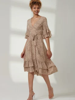 Jolie Moi Occasion Dresses|Weekend Casuals-Litzy Print Flute Sleeve Midi Dress, Animal Multi