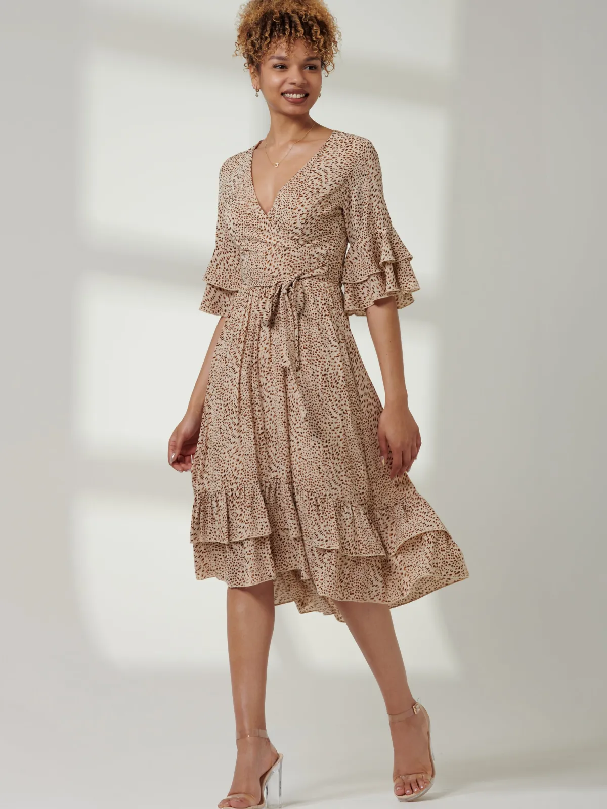 Jolie Moi Occasion Dresses|Weekend Casuals-Litzy Print Flute Sleeve Midi Dress, Animal Multi