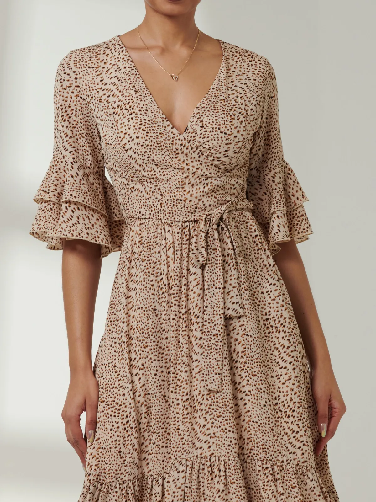Jolie Moi Occasion Dresses|Weekend Casuals-Litzy Print Flute Sleeve Midi Dress, Animal Multi