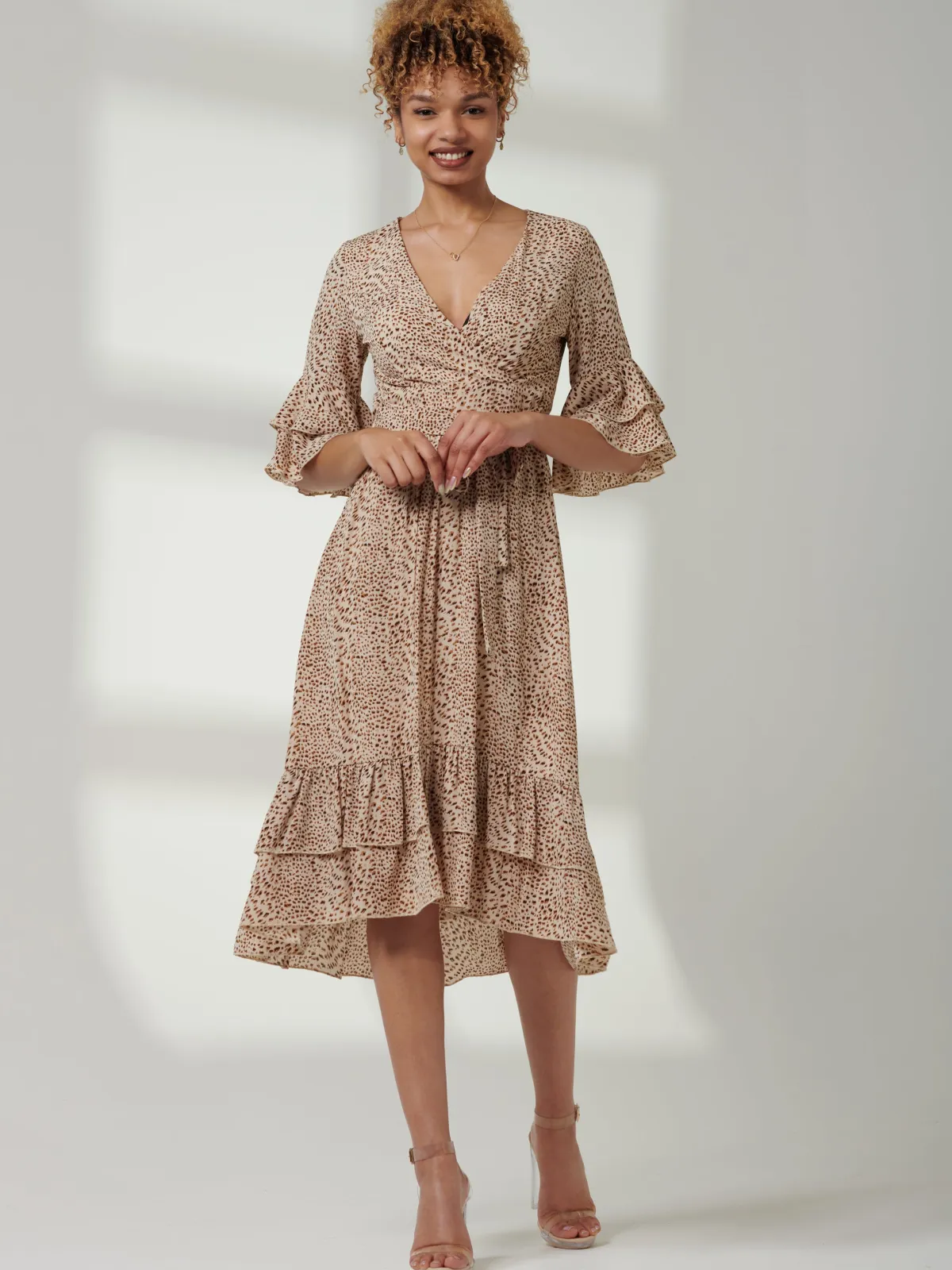 Jolie Moi Occasion Dresses|Weekend Casuals-Litzy Print Flute Sleeve Midi Dress, Animal Multi