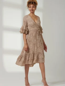 Jolie Moi Occasion Dresses|Weekend Casuals-Litzy Print Flute Sleeve Midi Dress, Animal Multi