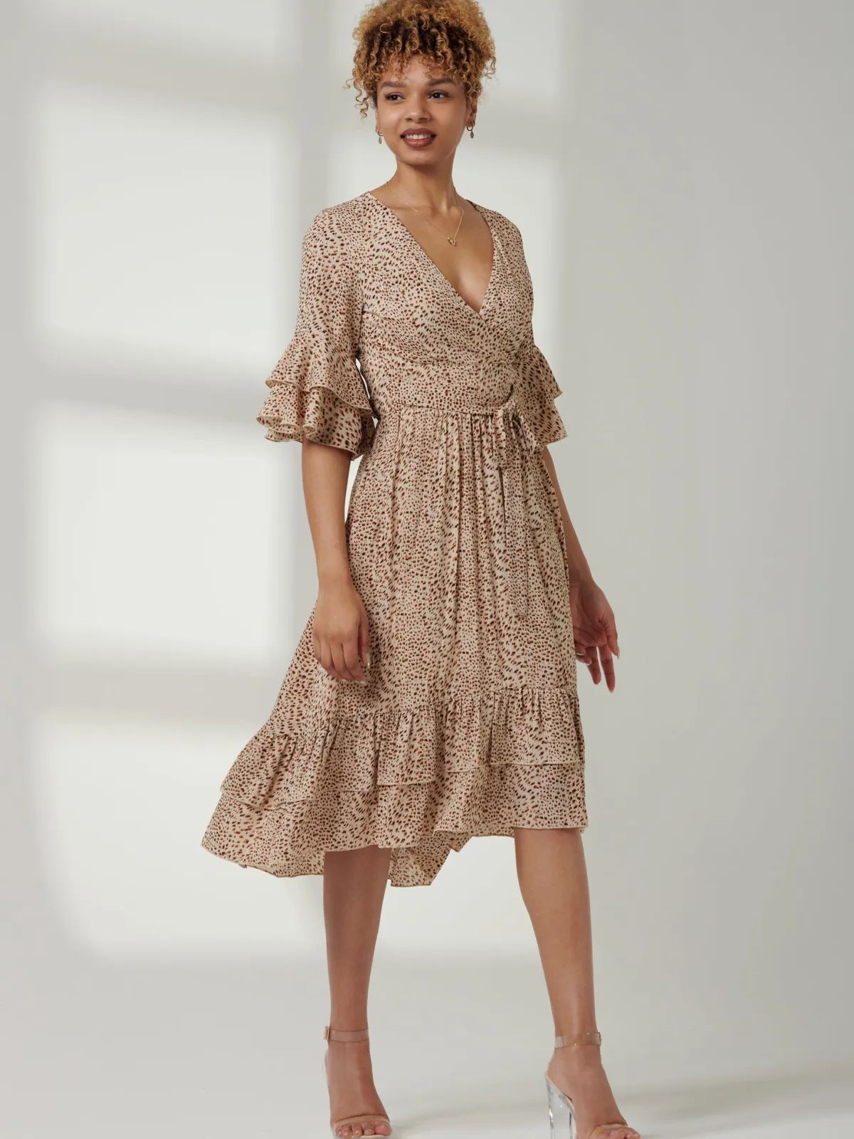 Jolie Moi Occasion Dresses|Weekend Casuals-Litzy Print Flute Sleeve Midi Dress, Animal Multi