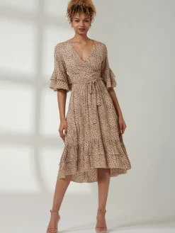 Jolie Moi Occasion Dresses|Weekend Casuals-Litzy Print Flute Sleeve Midi Dress, Animal Multi