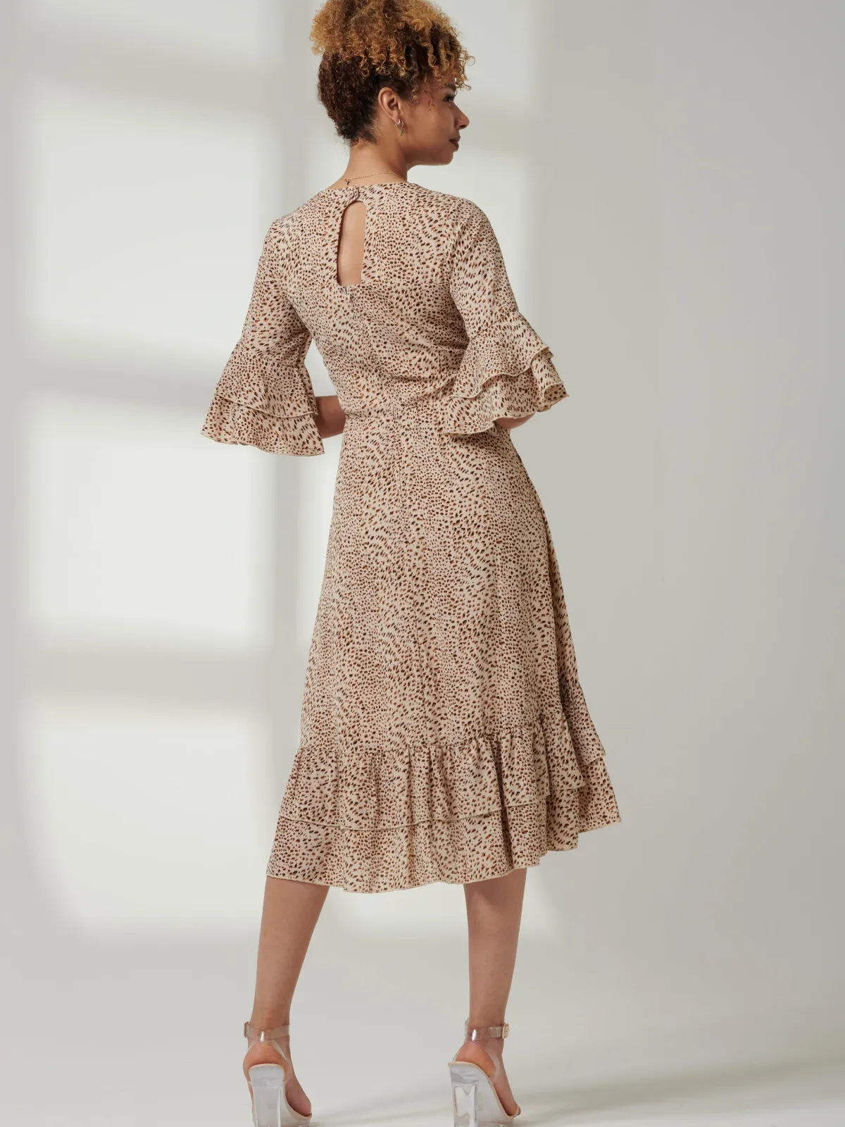 Jolie Moi Occasion Dresses|Weekend Casuals-Litzy Print Flute Sleeve Midi Dress, Animal Multi