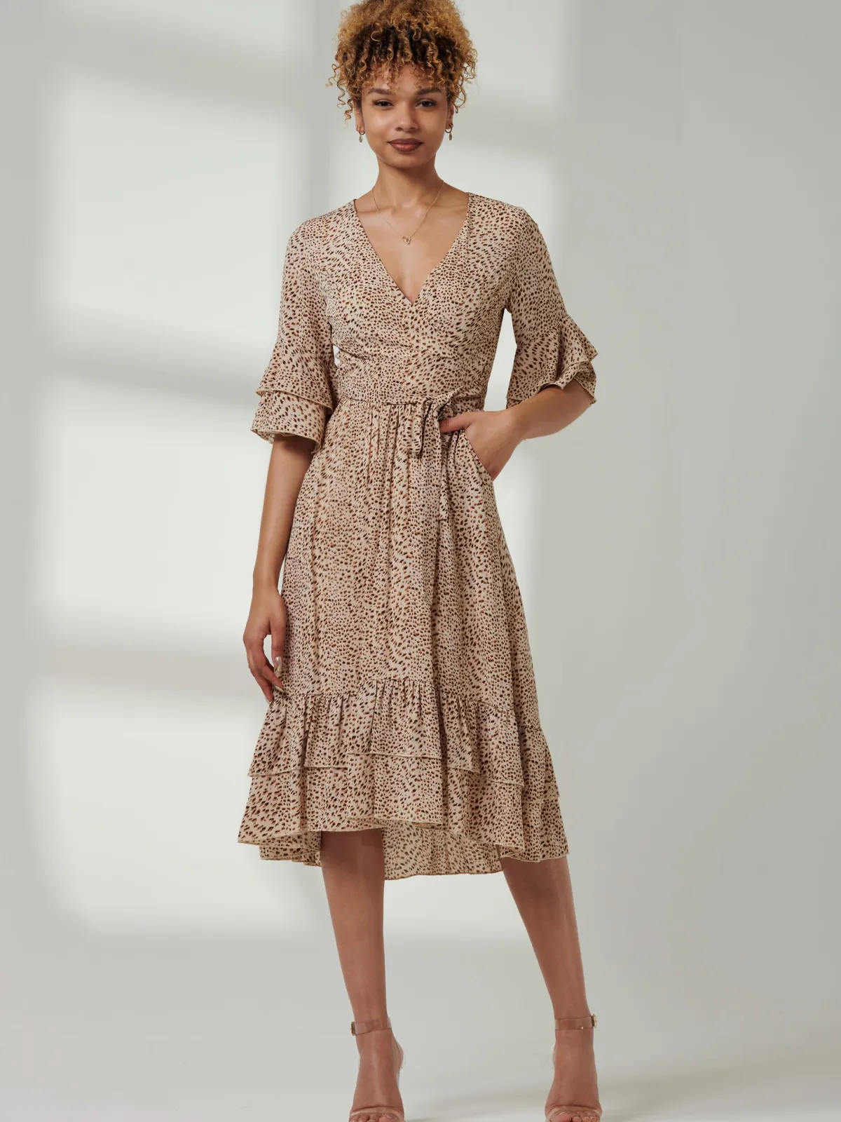 Jolie Moi Occasion Dresses|Weekend Casuals-Litzy Print Flute Sleeve Midi Dress, Animal Multi