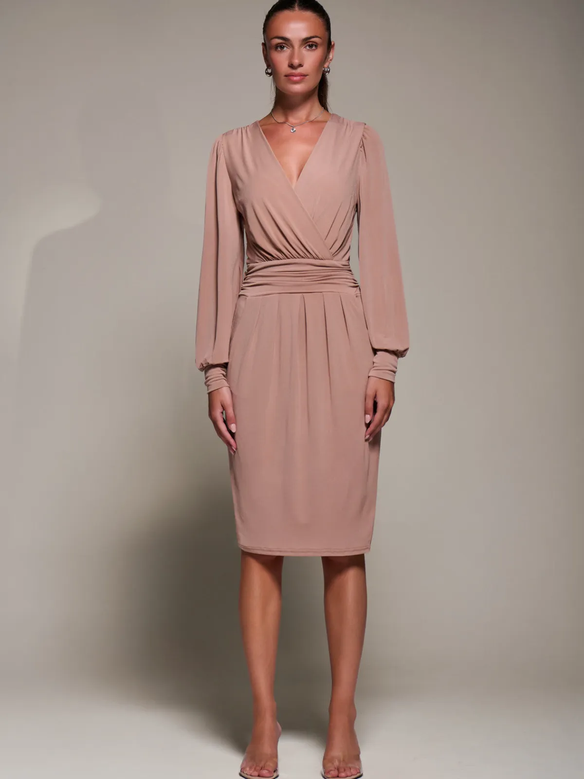 Jolie Moi Occasion Dresses|Jersey Dresses-Long Balloon Sleeve Jersey Midi Dress, Dusty Pink